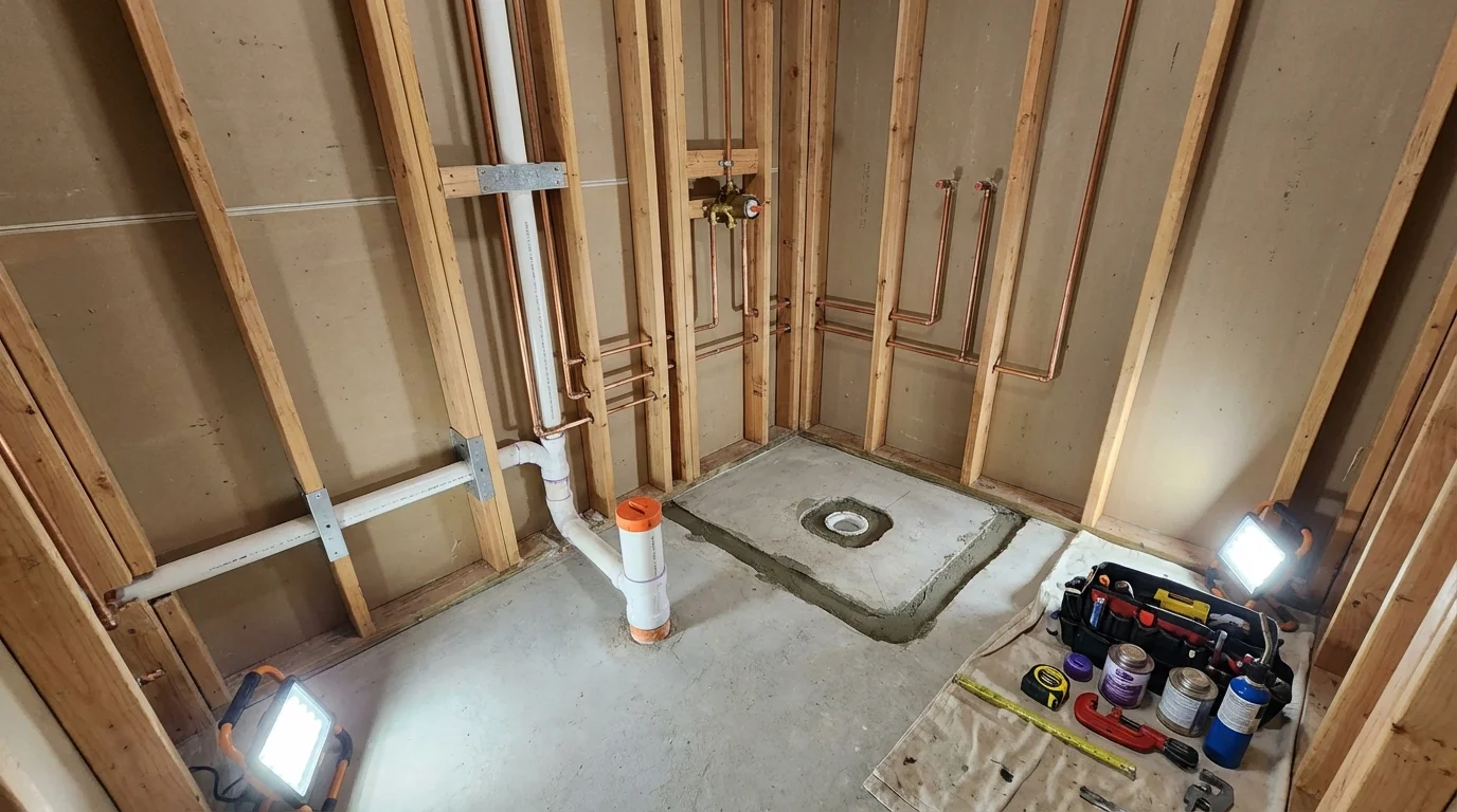 Bathroom rough-in plumbing during remodel by Johns Plumbing LLC in Cornelius