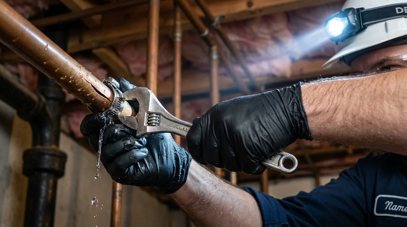 Emergency pipe clamp repair being performed by a Johns Plumbing LLC plumber in Cornelius