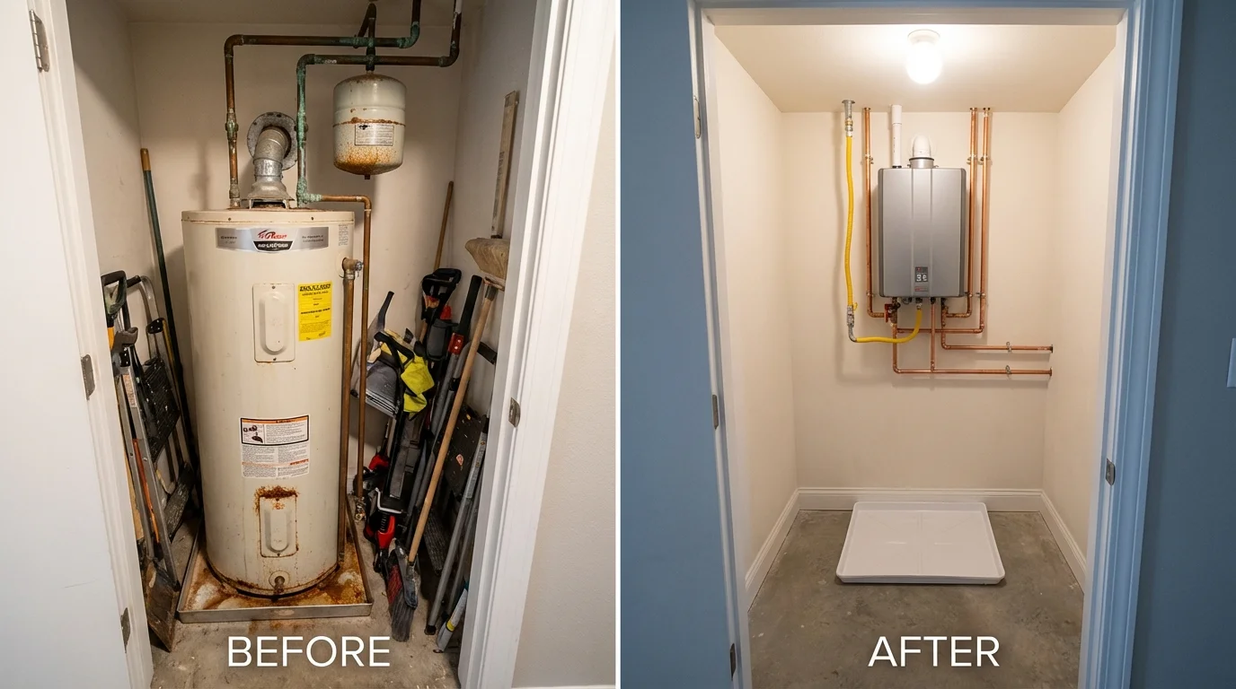 Tank water heater versus wall-mounted tankless unit comparison for Cornelius, NC homeowners