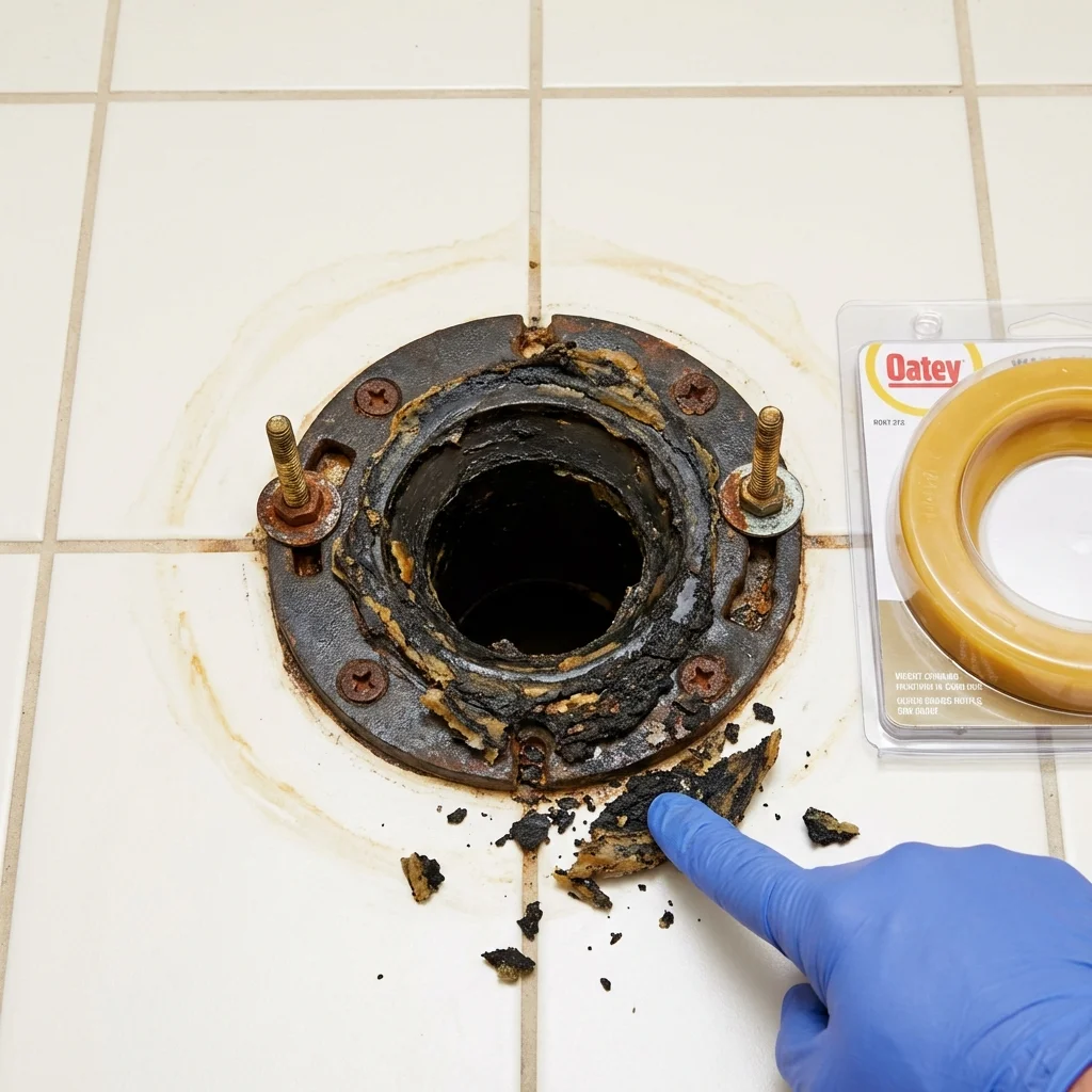 Failed wax ring showing water seepage at the base of a toilet in a Cornelius, NC home