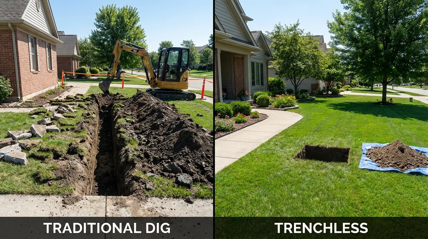 Trenchless sewer repair with minimal yard damage versus traditional excavation in Cornelius, NC