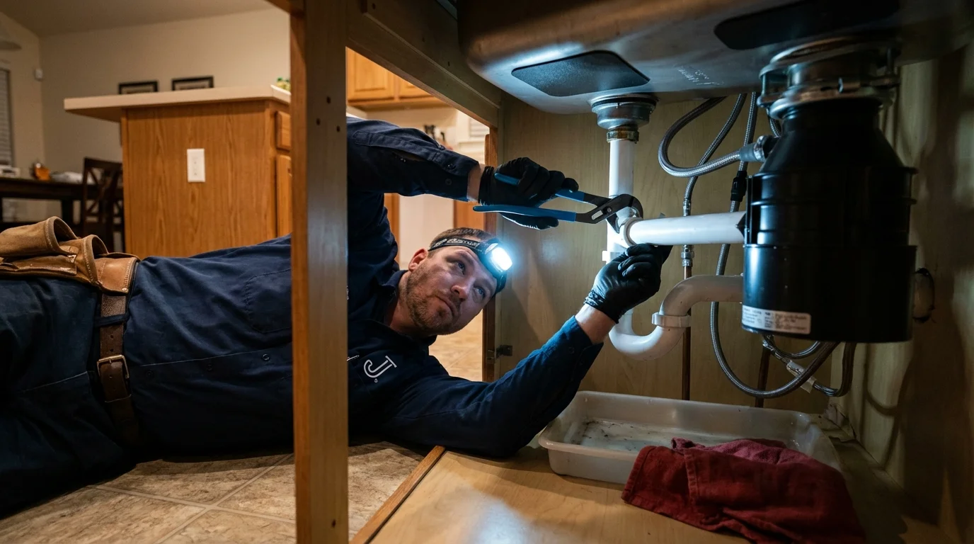 P-trap and supply line connections under a kitchen sink showing a common leak point in Cornelius, NC